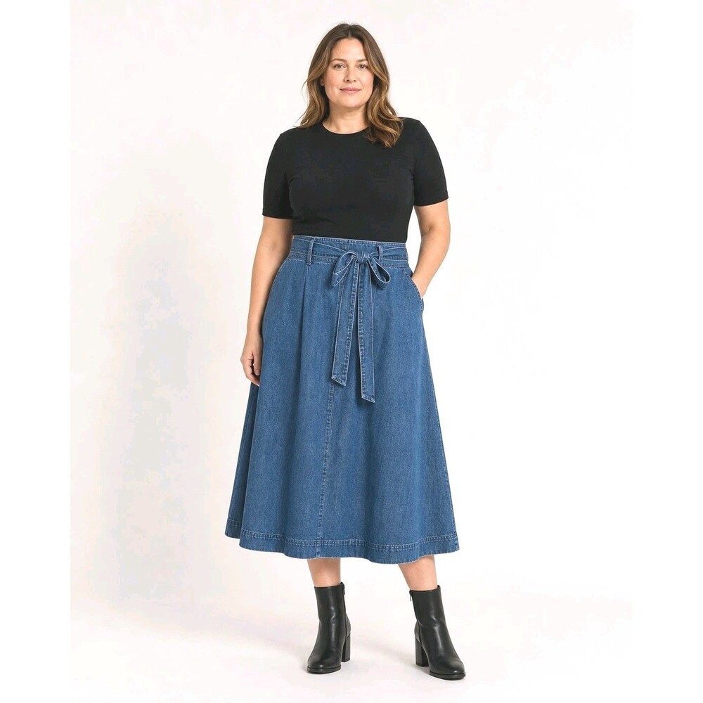 Ralph Lauren Black Label Blue Denim Maxi Long Skirt Size 10 Tie up Belt Rare
